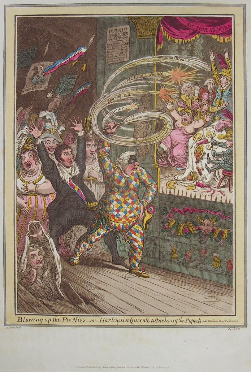 Etching - Blowing up the Pic Nic's, - or - Harlequin Qixote attacking the Puppets. vide Tottenham Street Pantomime.